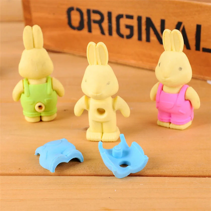 3D Kawaii Bib Pants Dressed Rabbit Eraser Rubber Pencil Erasers Non-Toxic Student Stationery School Rewards Office Supplies new