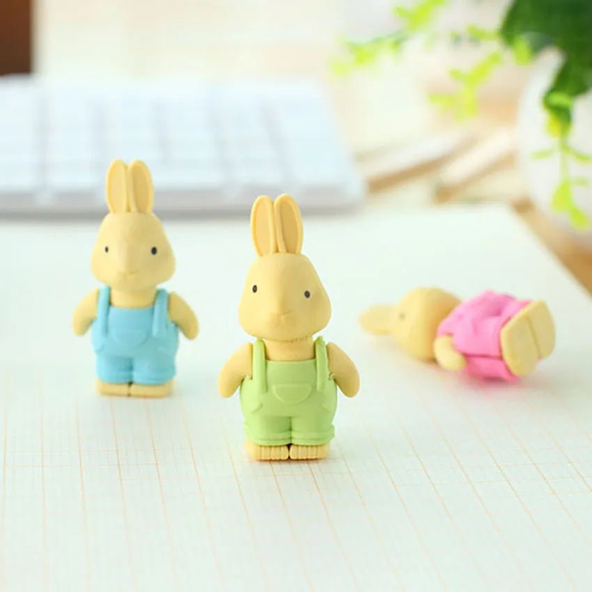 3D Kawaii Bib Pants Dressed Rabbit Eraser Rubber Pencil Erasers Non-Toxic Student Stationery School Rewards Office Supplies new