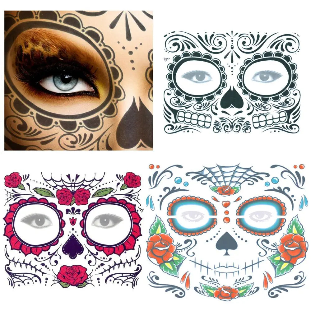 Pop Waterproof Skull Face Temporary Tattoo Stickers Day Of The Dead Facial Makeup Halloween Dress up