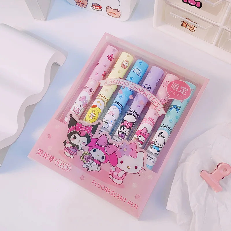 6Pcs Sanrio Hello Kitty Highlighter Pen Set Kawaii Kuromi Melody Cinnamoroll Art Fluorescent Markers Pens School Office Statione