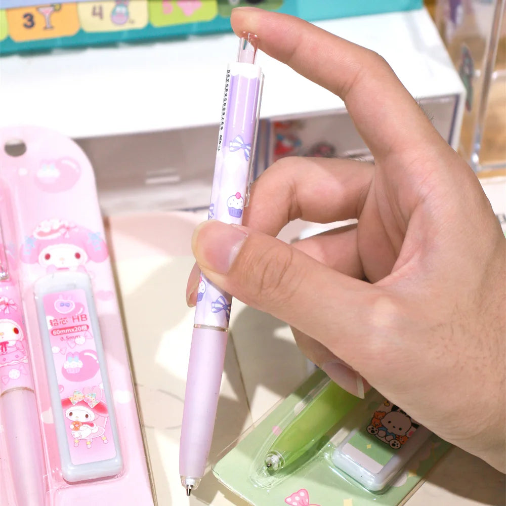 4Pcs/Set Sanrio Melody Mechanical Pencil 0.5mm Press Pencils Cute Kuromi Cinnamoroll Pochacco Pencil Students Stationery Gifts