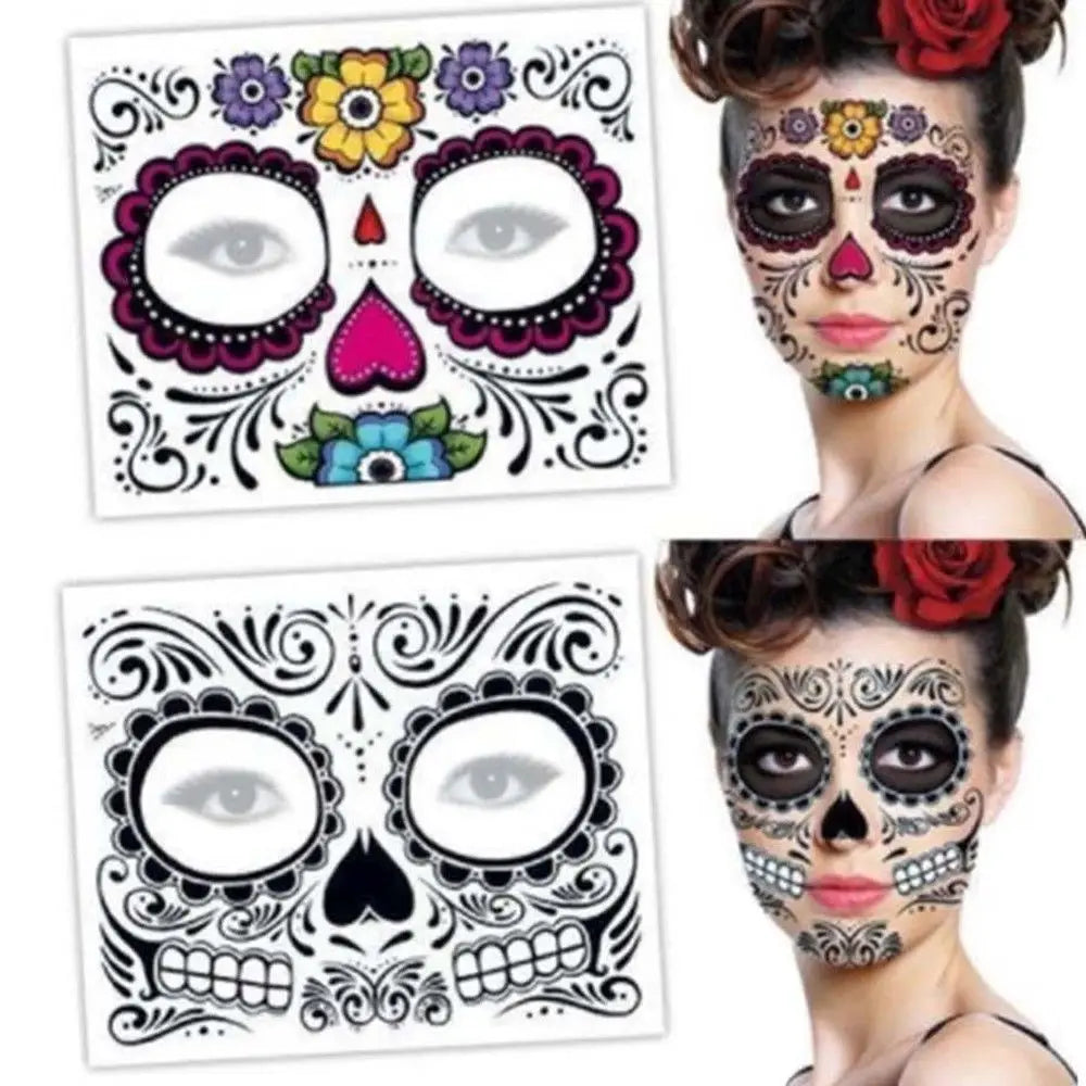 Pop Waterproof Skull Face Temporary Tattoo Stickers Day Of The Dead Facial Makeup Halloween Dress up