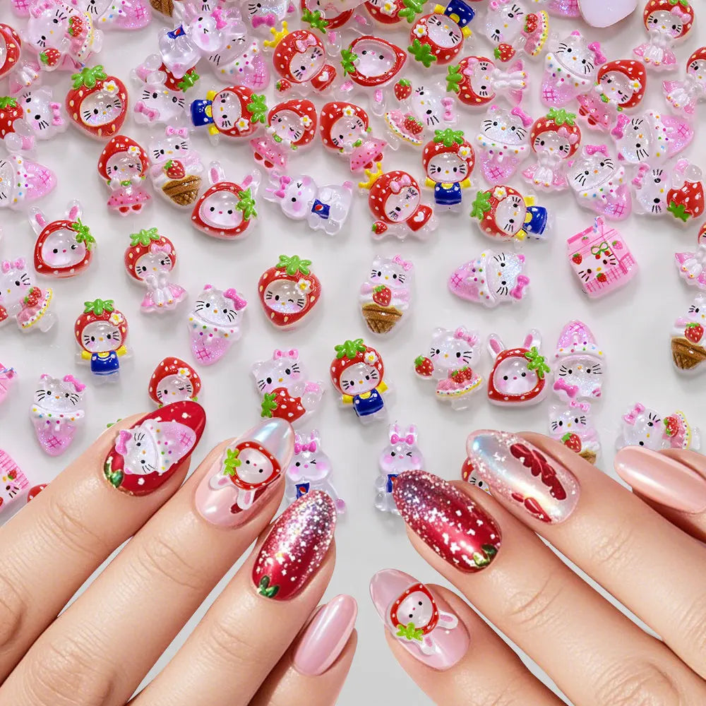 12Grid 3D Mixed Strawberry Hello Kitty Nail Charms Cartoon Red Pink Dress Kitty Cat Rhinestones Kawaii DIY Nail Art Decoration