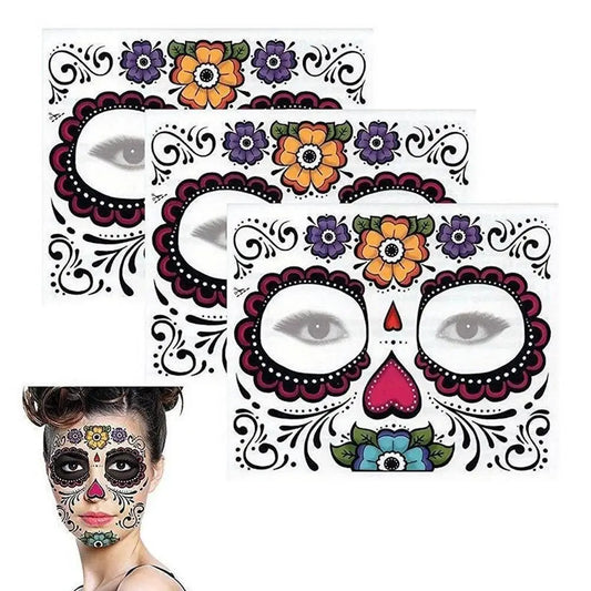 Pop Waterproof Skull Face Temporary Tattoo Stickers Day Of The Dead Facial Makeup Halloween Dress up