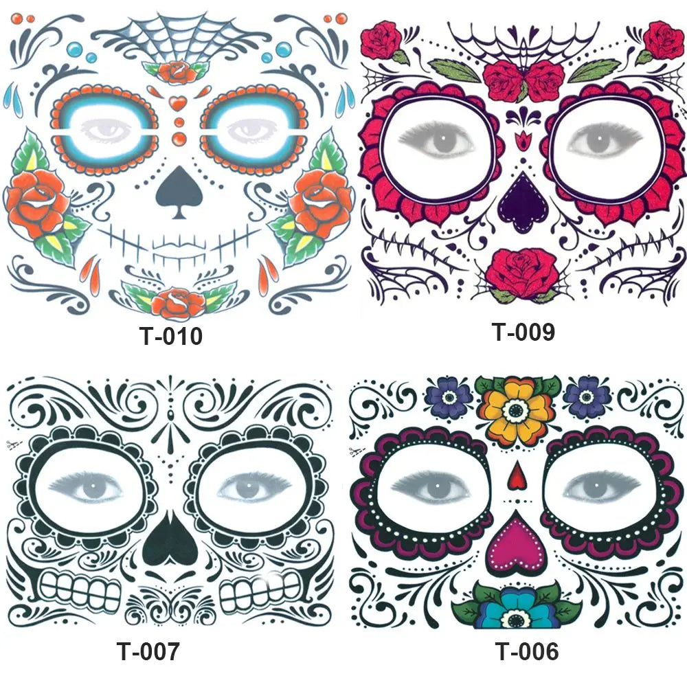 Pop Waterproof Skull Face Temporary Tattoo Stickers Day Of The Dead Facial Makeup Halloween Dress up