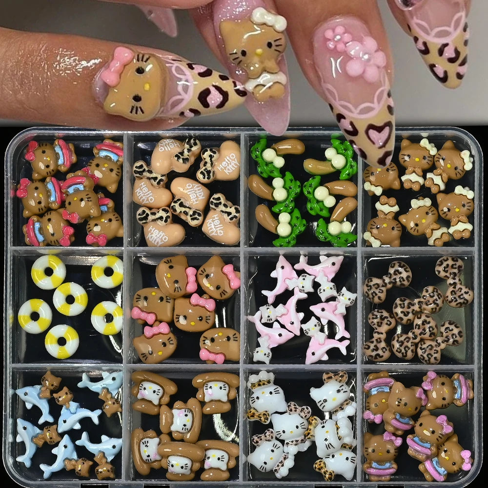 12Grid 3D Mixed Strawberry Hello Kitty Nail Charms Cartoon Red Pink Dress Kitty Cat Rhinestones Kawaii DIY Nail Art Decoration