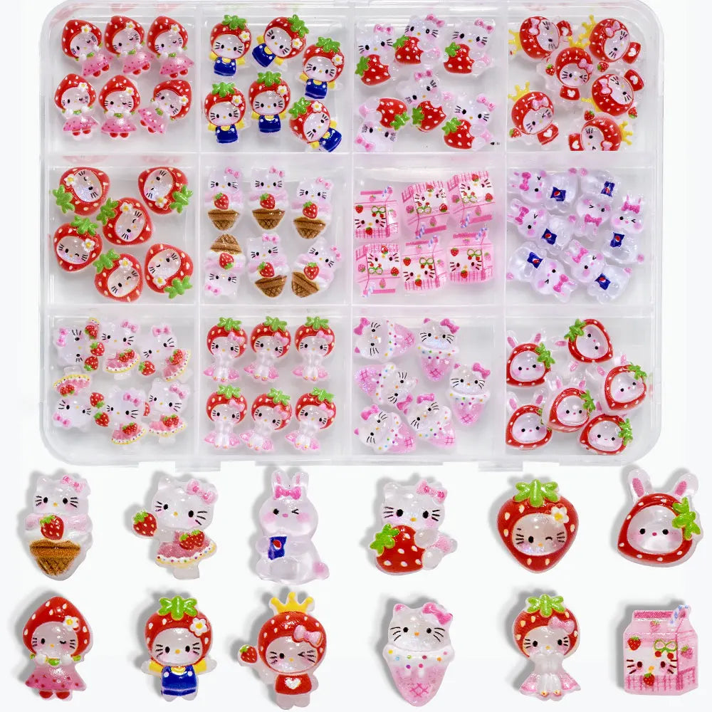 12Grid 3D Mixed Strawberry Hello Kitty Nail Charms Cartoon Red Pink Dress Kitty Cat Rhinestones Kawaii DIY Nail Art Decoration