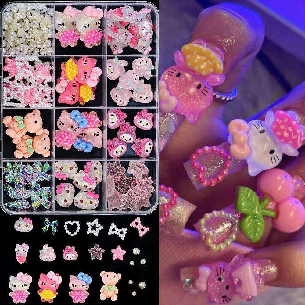 12Grid 3D Mixed Strawberry Hello Kitty Nail Charms Cartoon Red Pink Dress Kitty Cat Rhinestones Kawaii DIY Nail Art Decoration