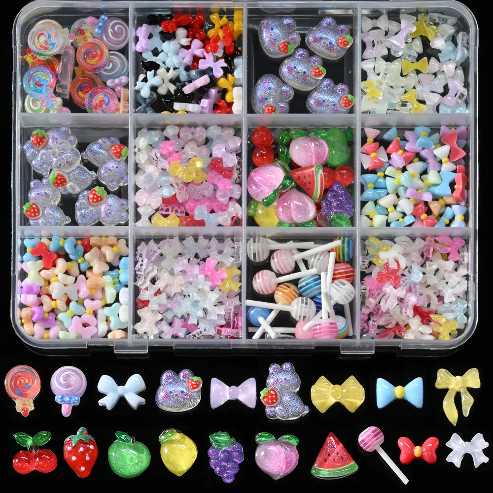 12Grid 3D Mixed Strawberry Hello Kitty Nail Charms Cartoon Red Pink Dress Kitty Cat Rhinestones Kawaii DIY Nail Art Decoration