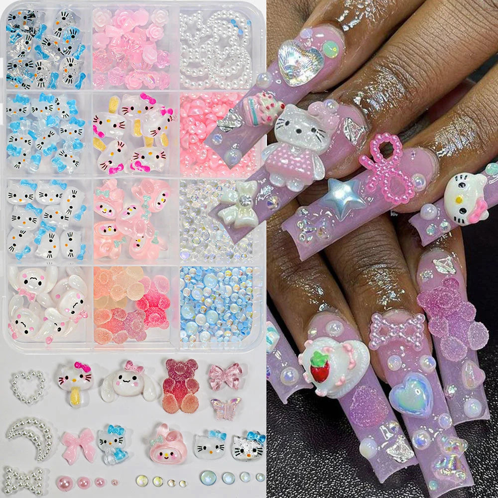 12Grid 3D Mixed Strawberry Hello Kitty Nail Charms Cartoon Red Pink Dress Kitty Cat Rhinestones Kawaii DIY Nail Art Decoration