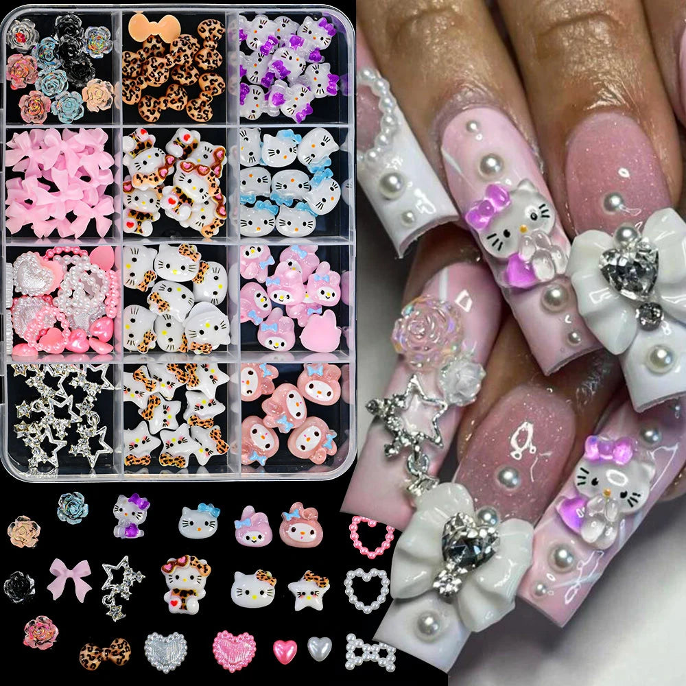 12Grid 3D Mixed Strawberry Hello Kitty Nail Charms Cartoon Red Pink Dress Kitty Cat Rhinestones Kawaii DIY Nail Art Decoration