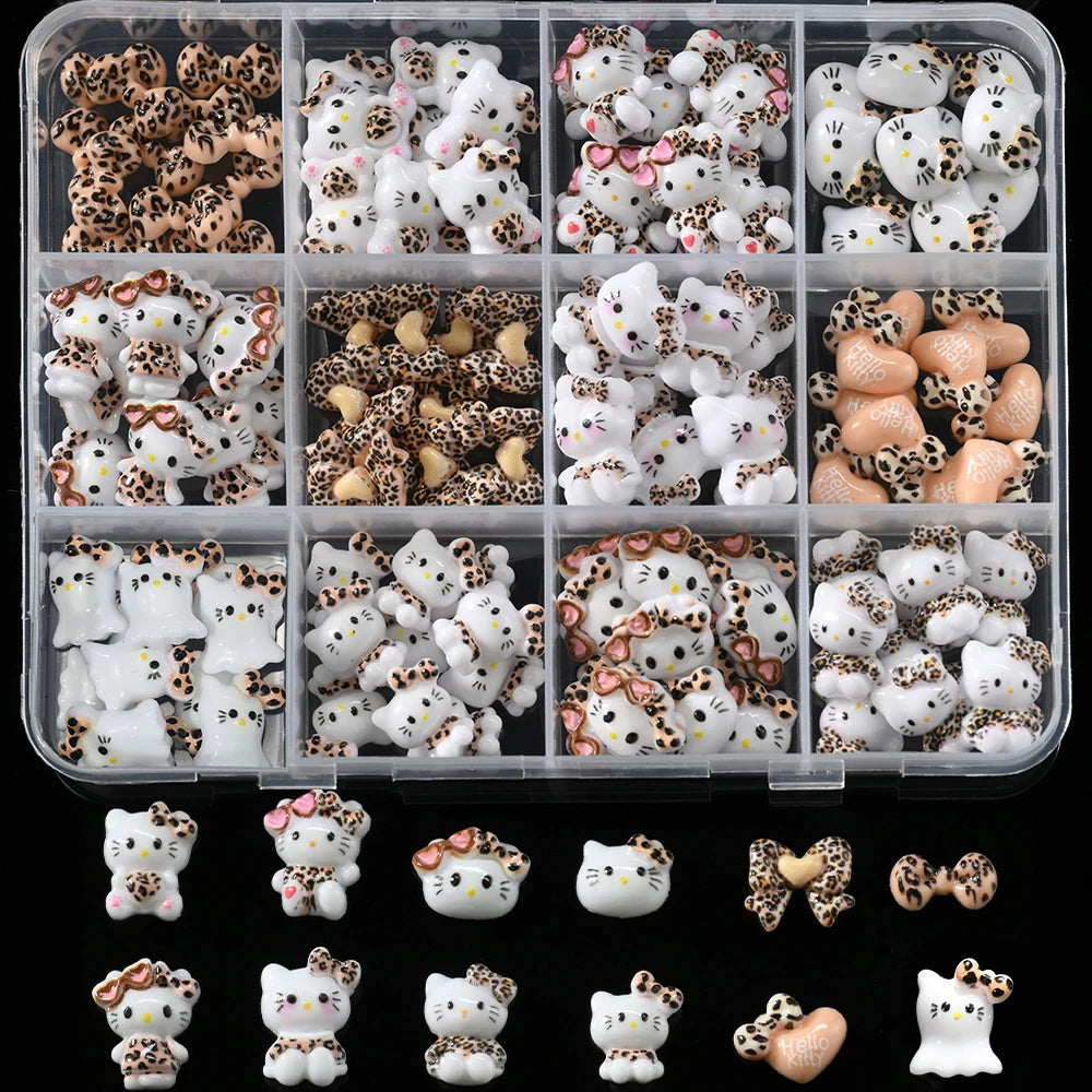 12Grid 3D Mixed Strawberry Hello Kitty Nail Charms Cartoon Red Pink Dress Kitty Cat Rhinestones Kawaii DIY Nail Art Decoration