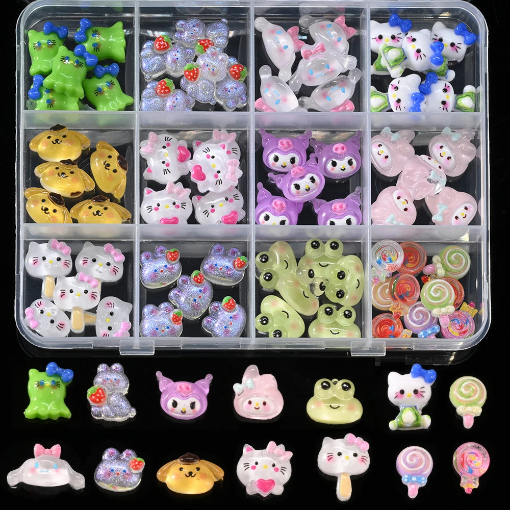 12Grid 3D Mixed Strawberry Hello Kitty Nail Charms Cartoon Red Pink Dress Kitty Cat Rhinestones Kawaii DIY Nail Art Decoration