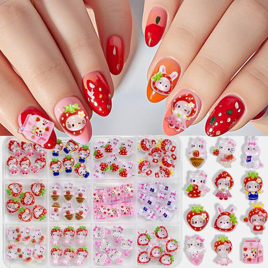 12Grid 3D Mixed Strawberry Hello Kitty Nail Charms Cartoon Red Pink Dress Kitty Cat Rhinestones Kawaii DIY Nail Art Decoration