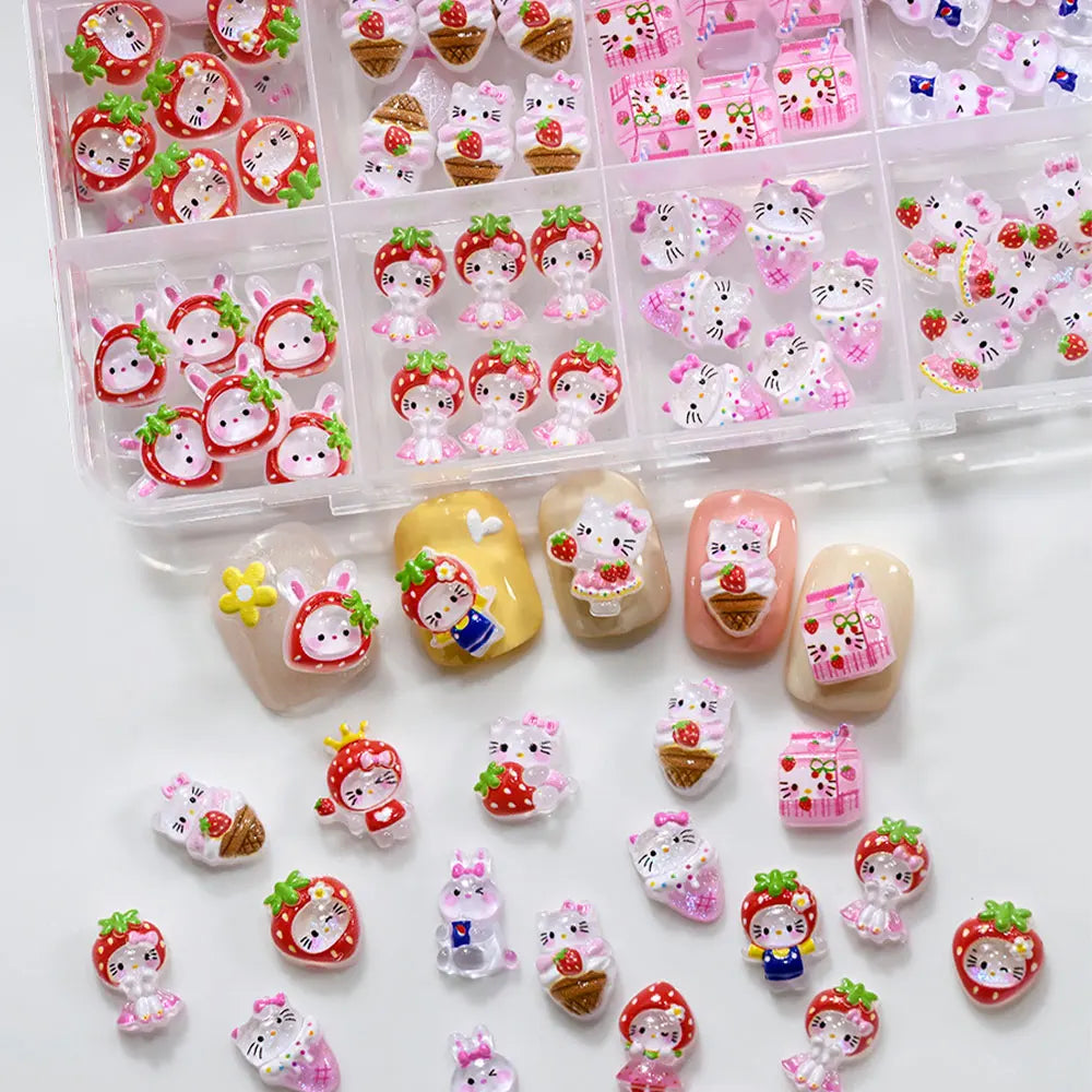 12Grid 3D Mixed Strawberry Hello Kitty Nail Charms Cartoon Red Pink Dress Kitty Cat Rhinestones Kawaii DIY Nail Art Decoration