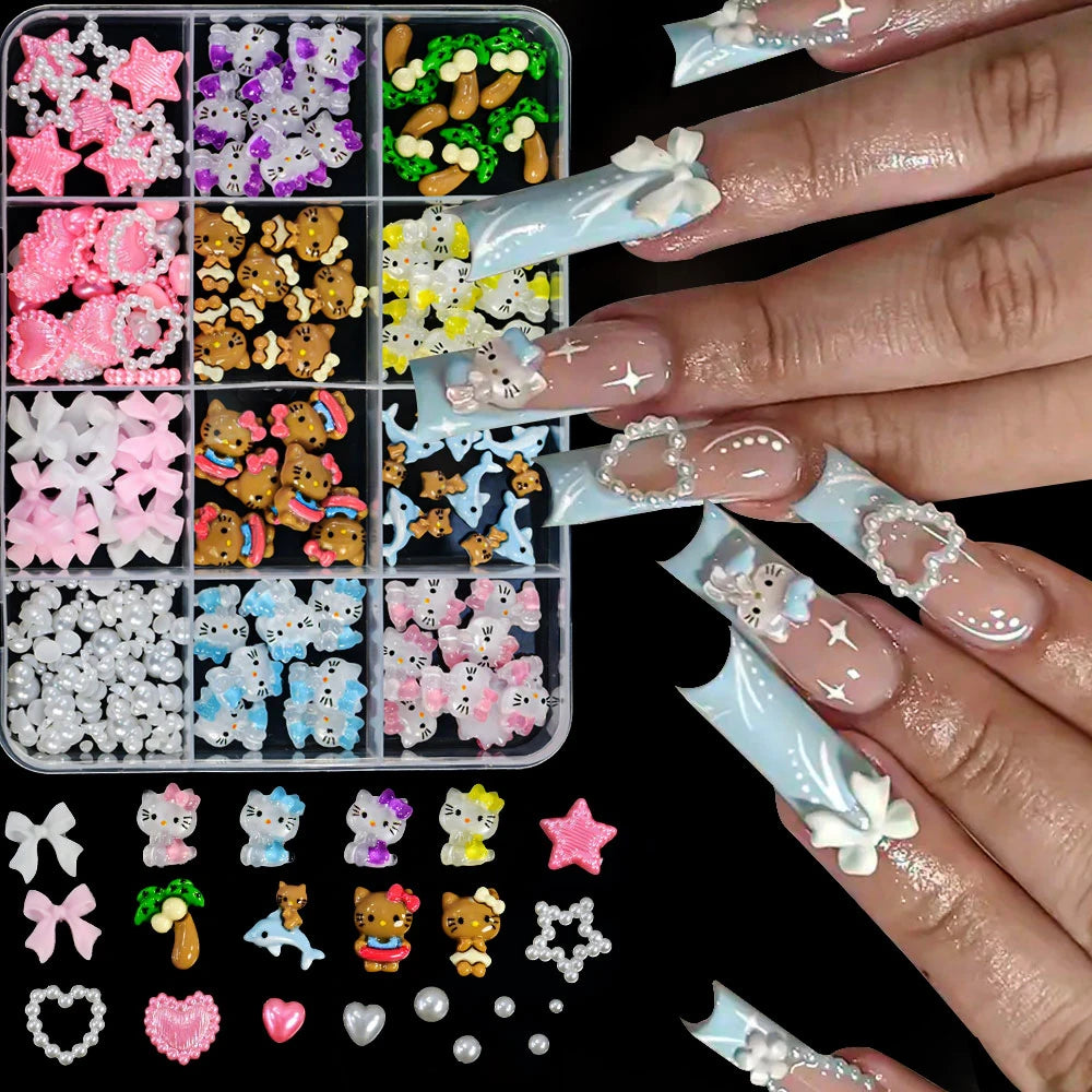 12Grid 3D Mixed Strawberry Hello Kitty Nail Charms Cartoon Red Pink Dress Kitty Cat Rhinestones Kawaii DIY Nail Art Decoration
