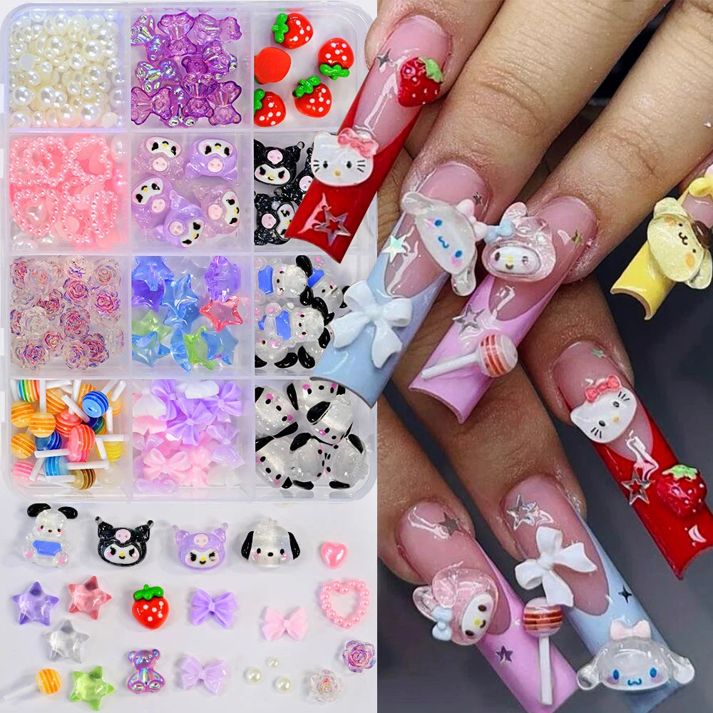 12Grid 3D Mixed Strawberry Hello Kitty Nail Charms Cartoon Red Pink Dress Kitty Cat Rhinestones Kawaii DIY Nail Art Decoration