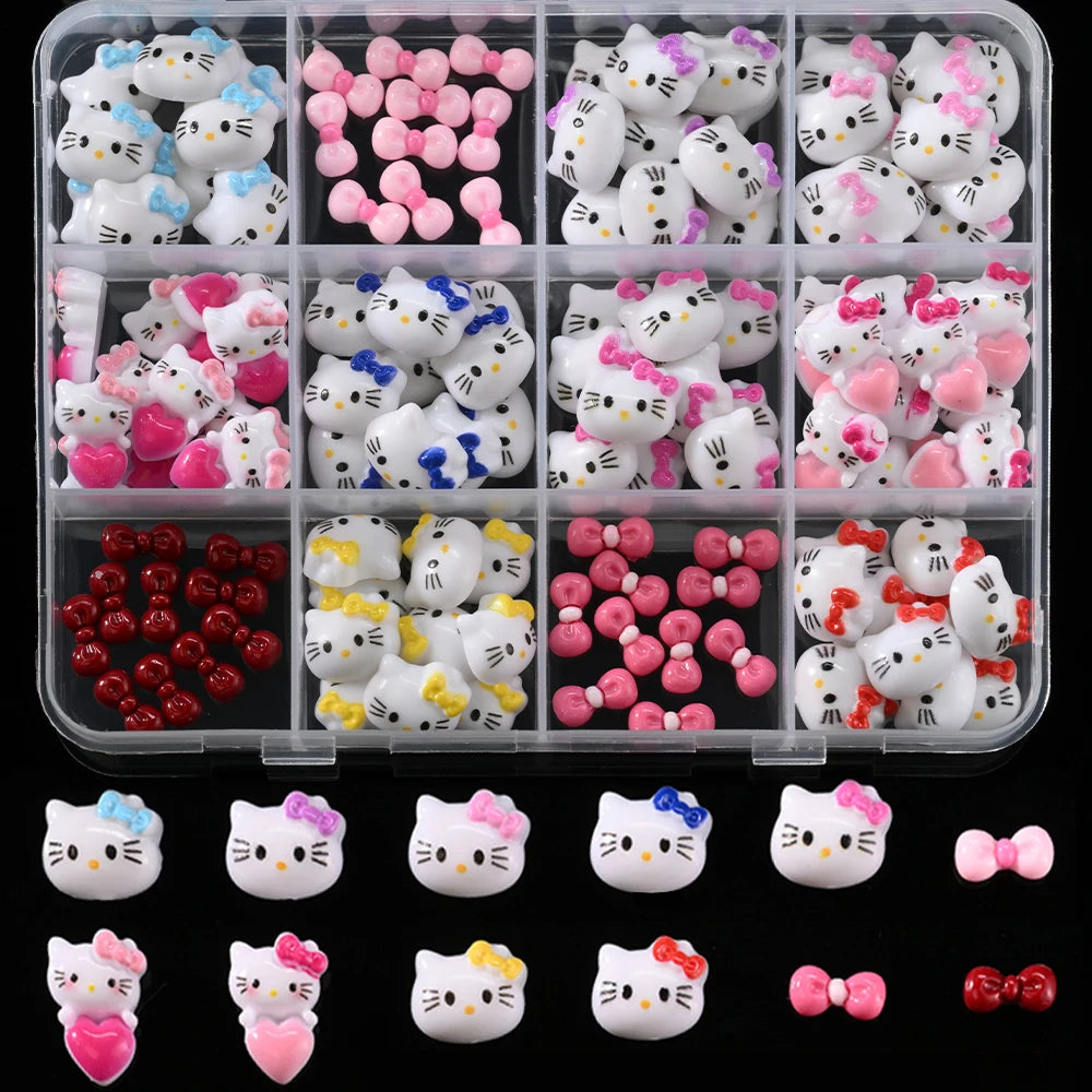 12Grid 3D Mixed Strawberry Hello Kitty Nail Charms Cartoon Red Pink Dress Kitty Cat Rhinestones Kawaii DIY Nail Art Decoration