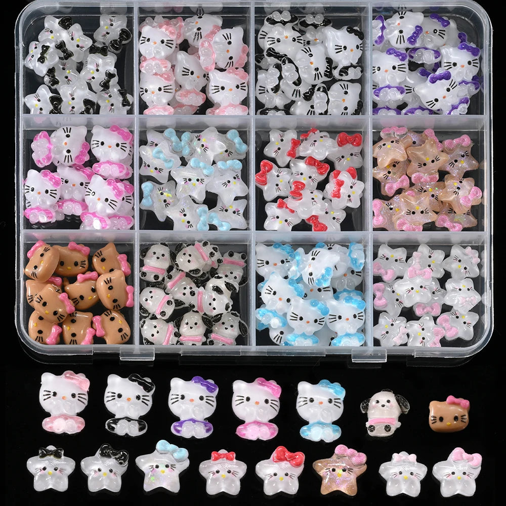 12Grid 3D Mixed Strawberry Hello Kitty Nail Charms Cartoon Red Pink Dress Kitty Cat Rhinestones Kawaii DIY Nail Art Decoration