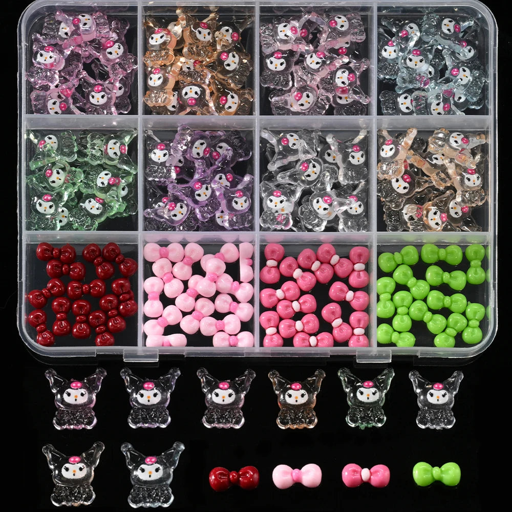 12Grid 3D Mixed Strawberry Hello Kitty Nail Charms Cartoon Red Pink Dress Kitty Cat Rhinestones Kawaii DIY Nail Art Decoration