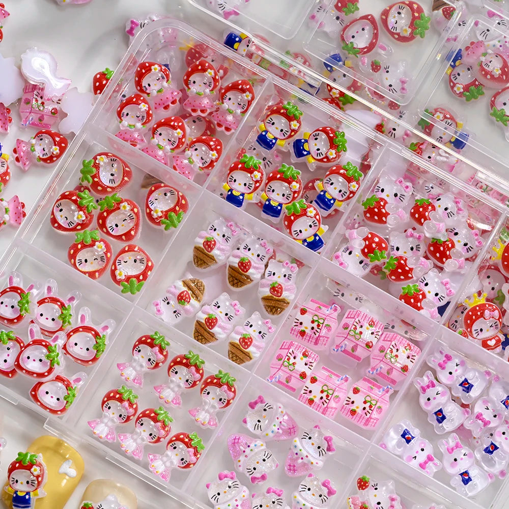 12Grid 3D Mixed Strawberry Hello Kitty Nail Charms Cartoon Red Pink Dress Kitty Cat Rhinestones Kawaii DIY Nail Art Decoration