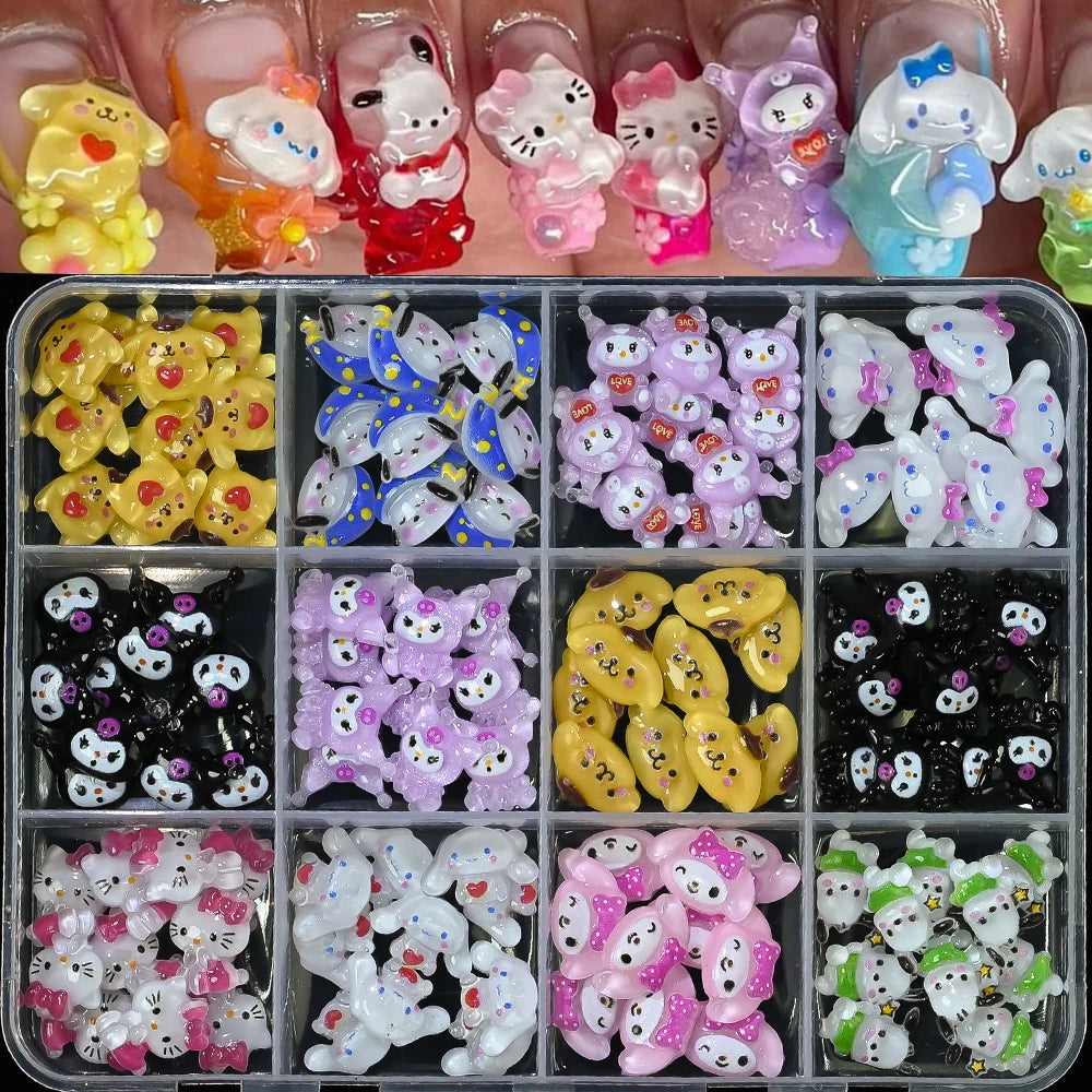 12Grid 3D Mixed Strawberry Hello Kitty Nail Charms Cartoon Red Pink Dress Kitty Cat Rhinestones Kawaii DIY Nail Art Decoration