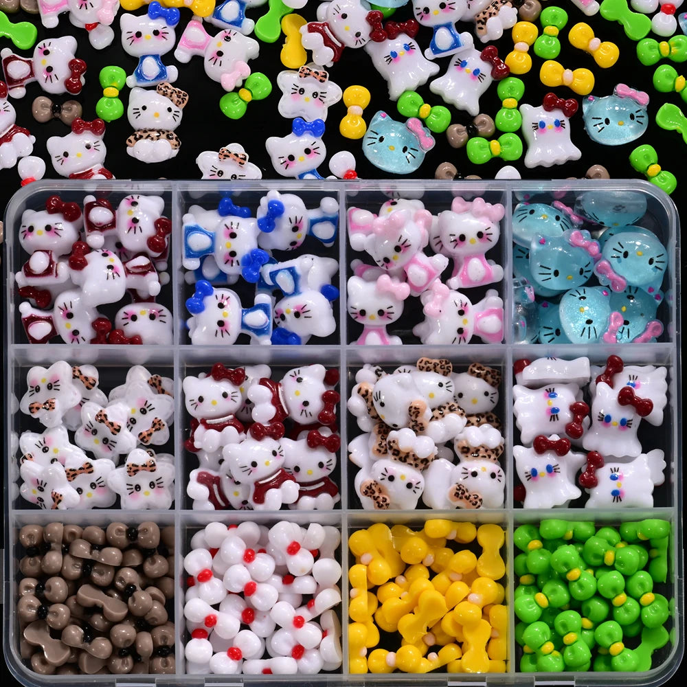 12Grid 3D Mixed Strawberry Hello Kitty Nail Charms Cartoon Red Pink Dress Kitty Cat Rhinestones Kawaii DIY Nail Art Decoration