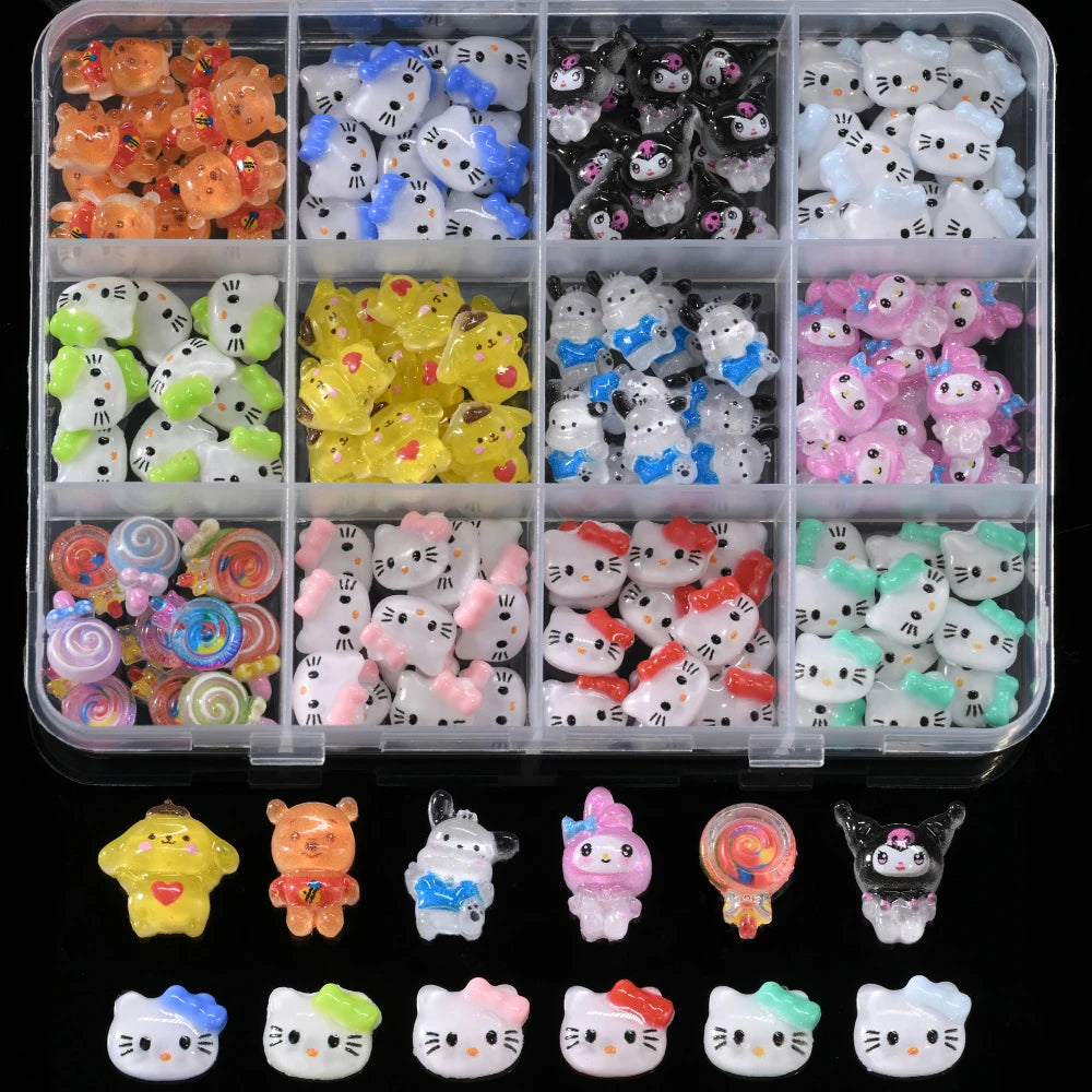 12Grid 3D Mixed Strawberry Hello Kitty Nail Charms Cartoon Red Pink Dress Kitty Cat Rhinestones Kawaii DIY Nail Art Decoration