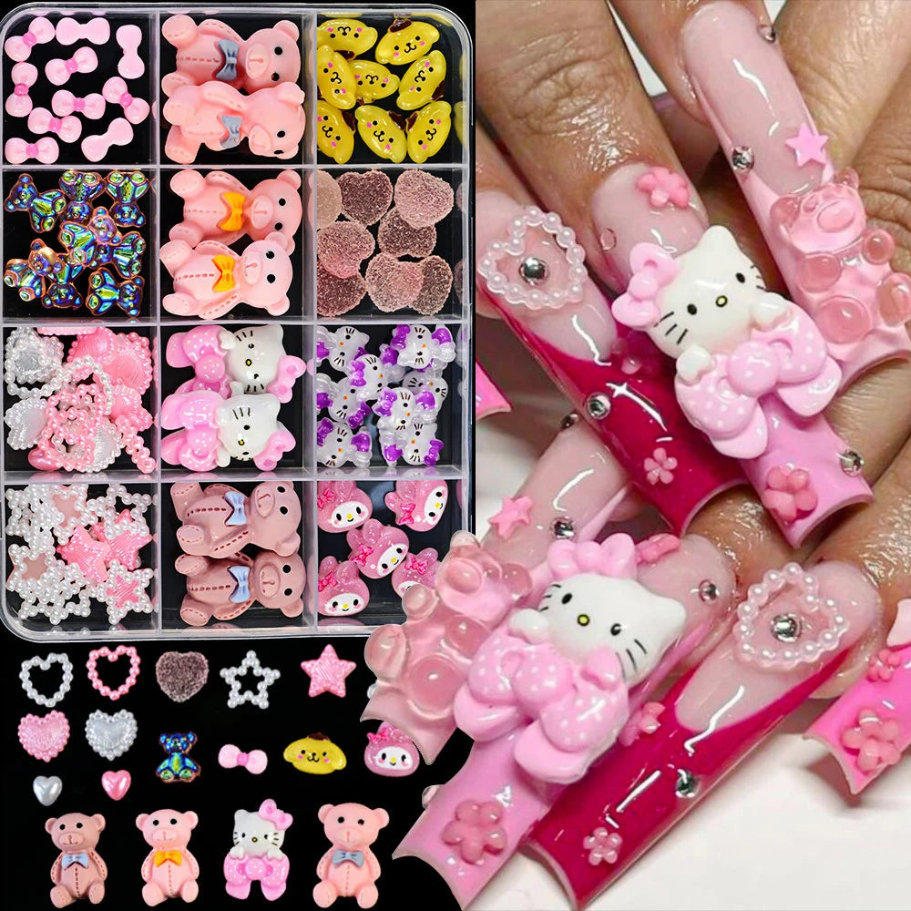 12Grid 3D Mixed Strawberry Hello Kitty Nail Charms Cartoon Red Pink Dress Kitty Cat Rhinestones Kawaii DIY Nail Art Decoration
