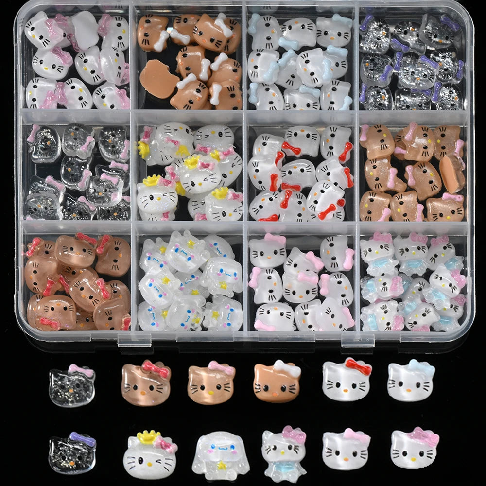 12Grid 3D Mixed Strawberry Hello Kitty Nail Charms Cartoon Red Pink Dress Kitty Cat Rhinestones Kawaii DIY Nail Art Decoration