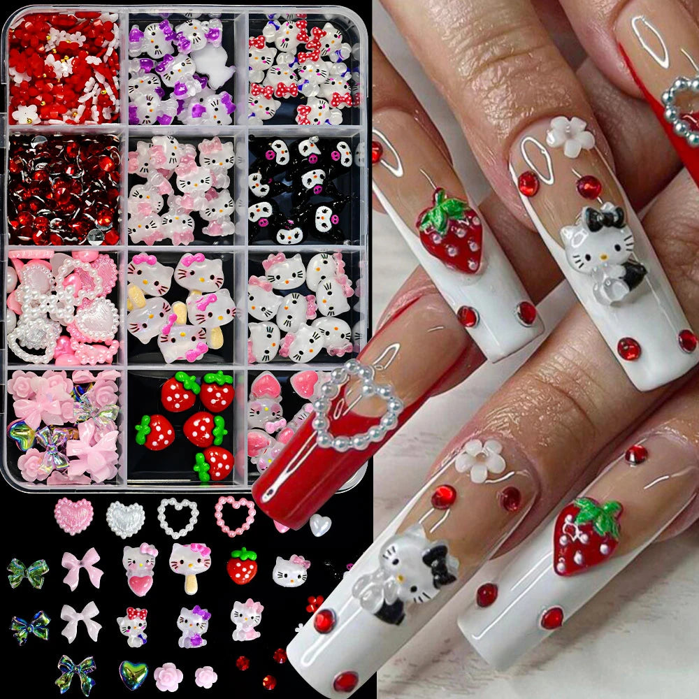 12Grid 3D Mixed Strawberry Hello Kitty Nail Charms Cartoon Red Pink Dress Kitty Cat Rhinestones Kawaii DIY Nail Art Decoration