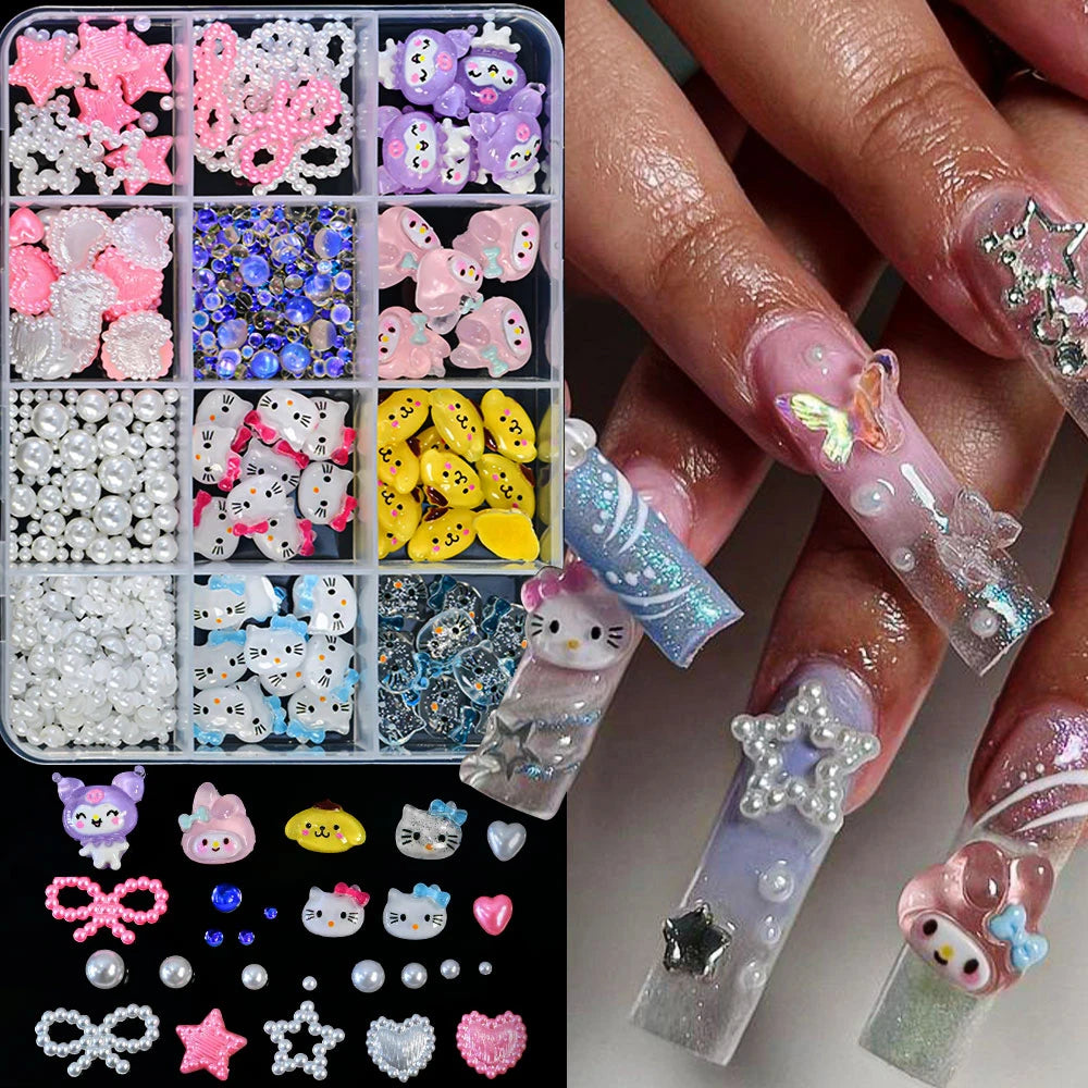 12Grid 3D Mixed Strawberry Hello Kitty Nail Charms Cartoon Red Pink Dress Kitty Cat Rhinestones Kawaii DIY Nail Art Decoration
