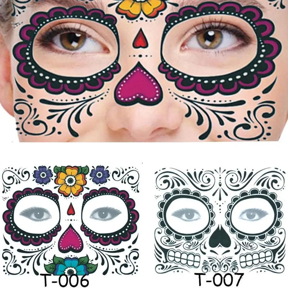 Pop Waterproof Skull Face Temporary Tattoo Stickers Day Of The Dead Facial Makeup Halloween Dress up