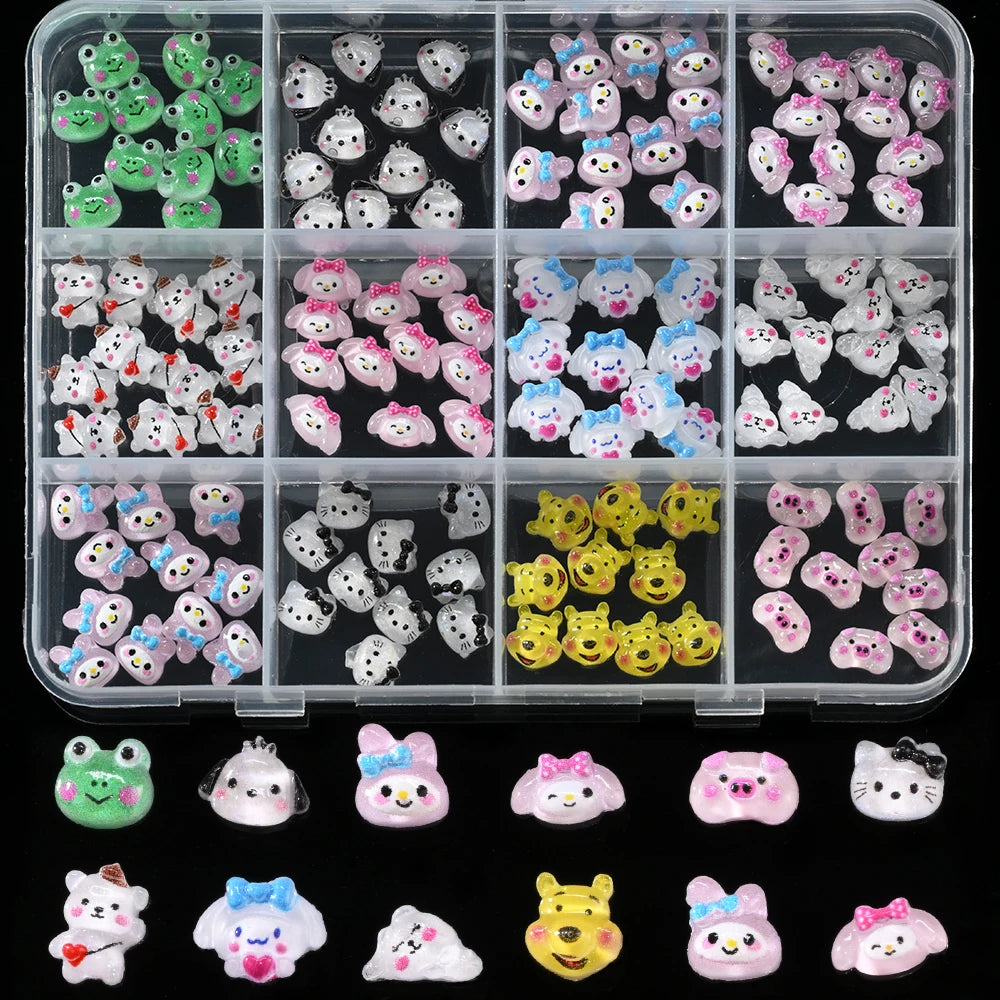 12Grid 3D Mixed Strawberry Hello Kitty Nail Charms Cartoon Red Pink Dress Kitty Cat Rhinestones Kawaii DIY Nail Art Decoration
