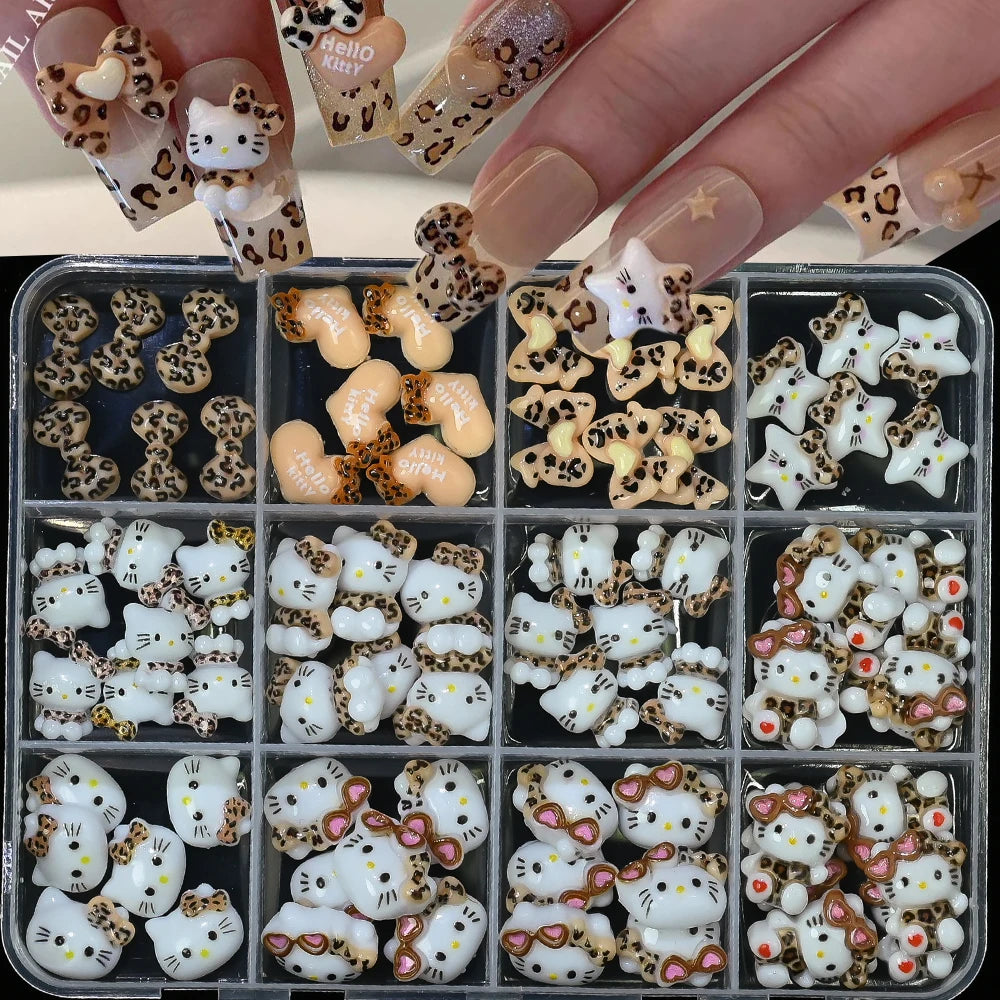 12Grid 3D Mixed Strawberry Hello Kitty Nail Charms Cartoon Red Pink Dress Kitty Cat Rhinestones Kawaii DIY Nail Art Decoration