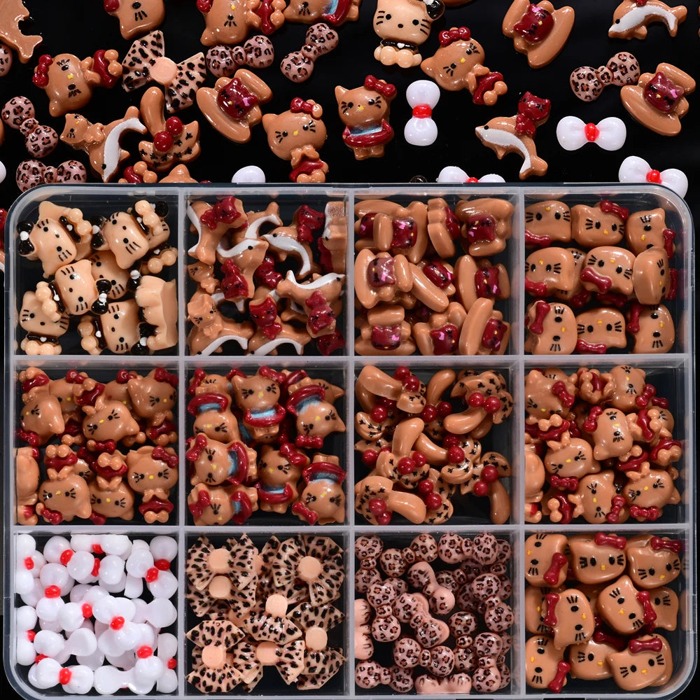 12Grid 3D Mixed Strawberry Hello Kitty Nail Charms Cartoon Red Pink Dress Kitty Cat Rhinestones Kawaii DIY Nail Art Decoration