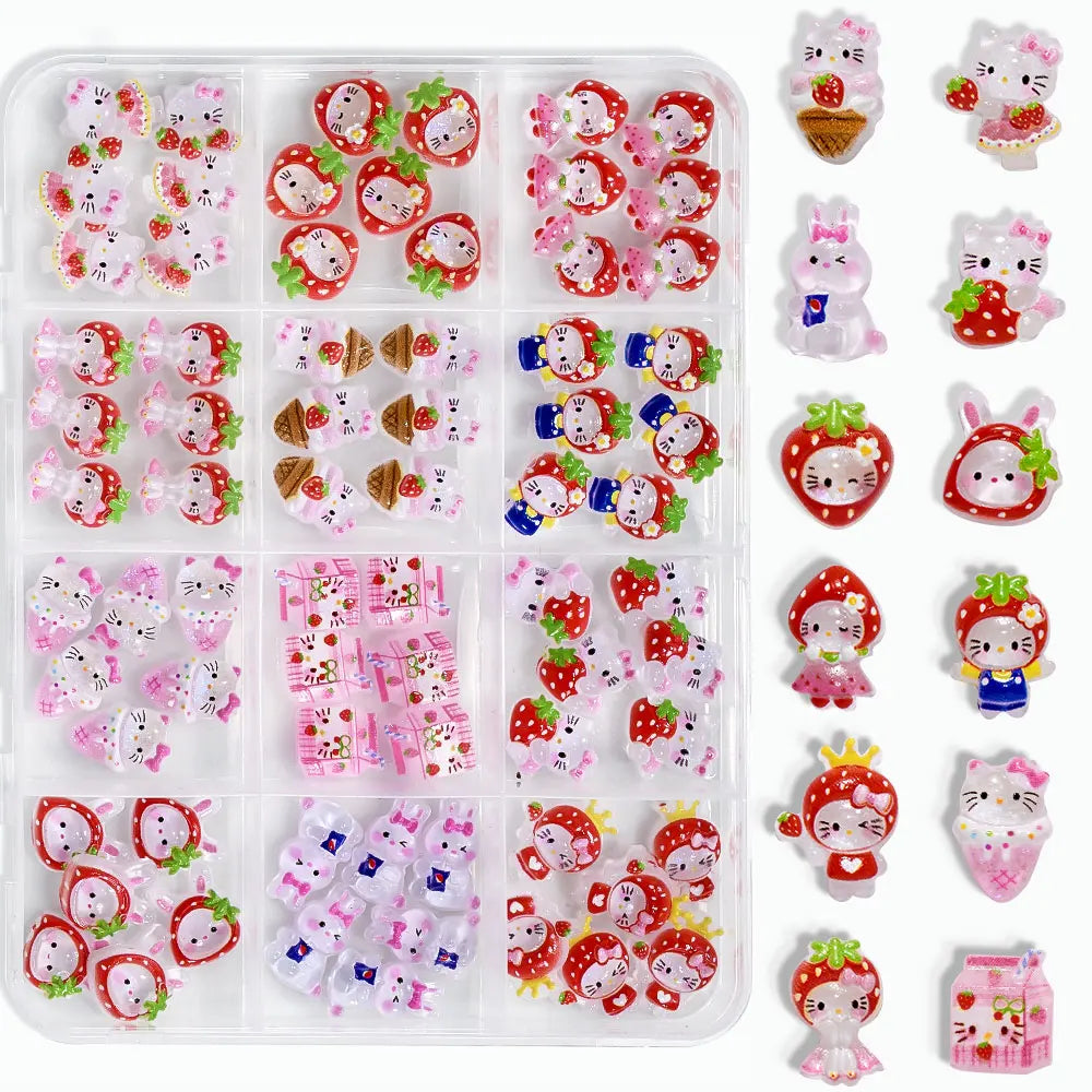 12Grid 3D Mixed Strawberry Hello Kitty Nail Charms Cartoon Red Pink Dress Kitty Cat Rhinestones Kawaii DIY Nail Art Decoration