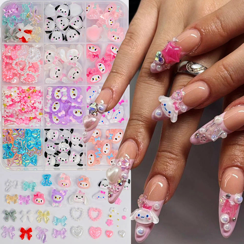 12Grid 3D Mixed Strawberry Hello Kitty Nail Charms Cartoon Red Pink Dress Kitty Cat Rhinestones Kawaii DIY Nail Art Decoration