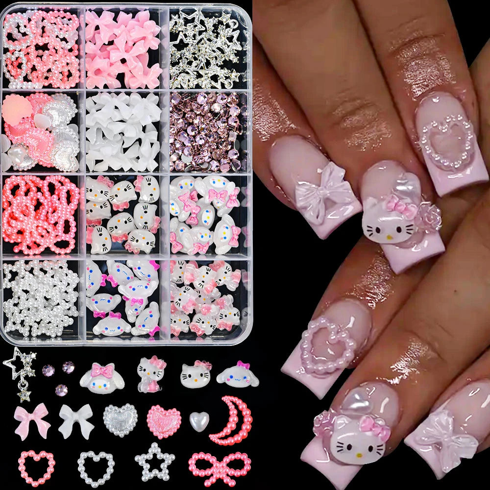 12Grid 3D Mixed Strawberry Hello Kitty Nail Charms Cartoon Red Pink Dress Kitty Cat Rhinestones Kawaii DIY Nail Art Decoration