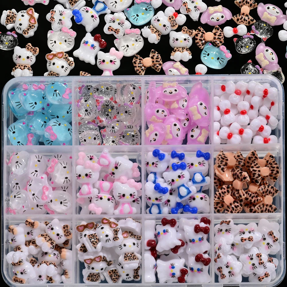 12Grid 3D Mixed Strawberry Hello Kitty Nail Charms Cartoon Red Pink Dress Kitty Cat Rhinestones Kawaii DIY Nail Art Decoration