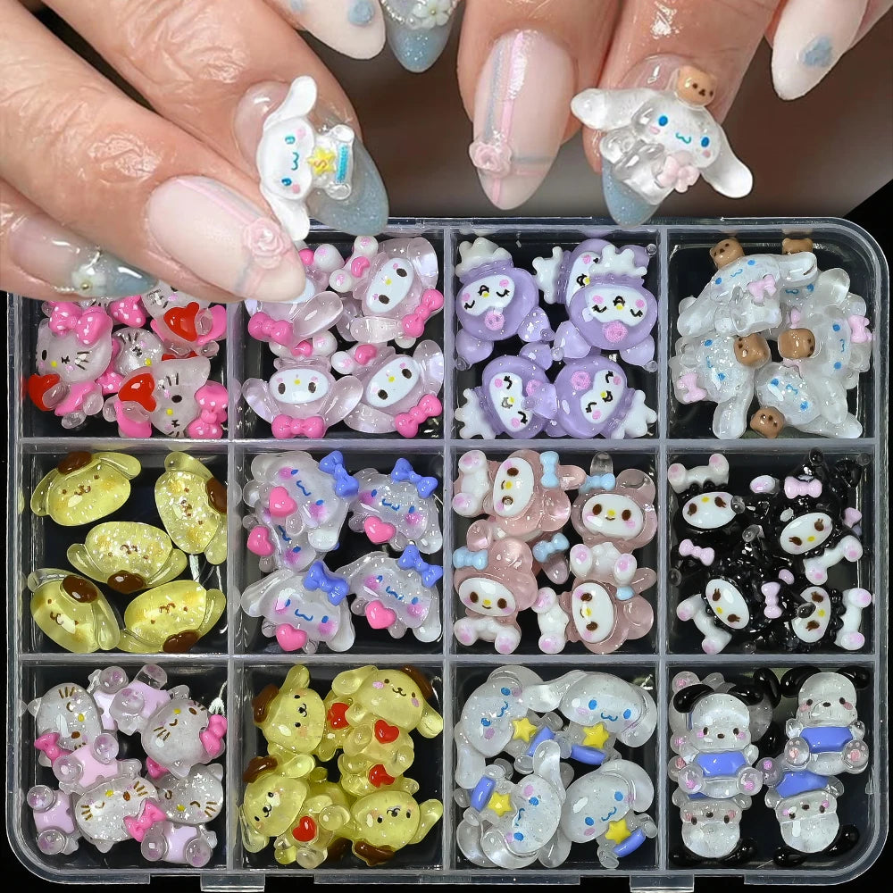 12Grid 3D Mixed Strawberry Hello Kitty Nail Charms Cartoon Red Pink Dress Kitty Cat Rhinestones Kawaii DIY Nail Art Decoration
