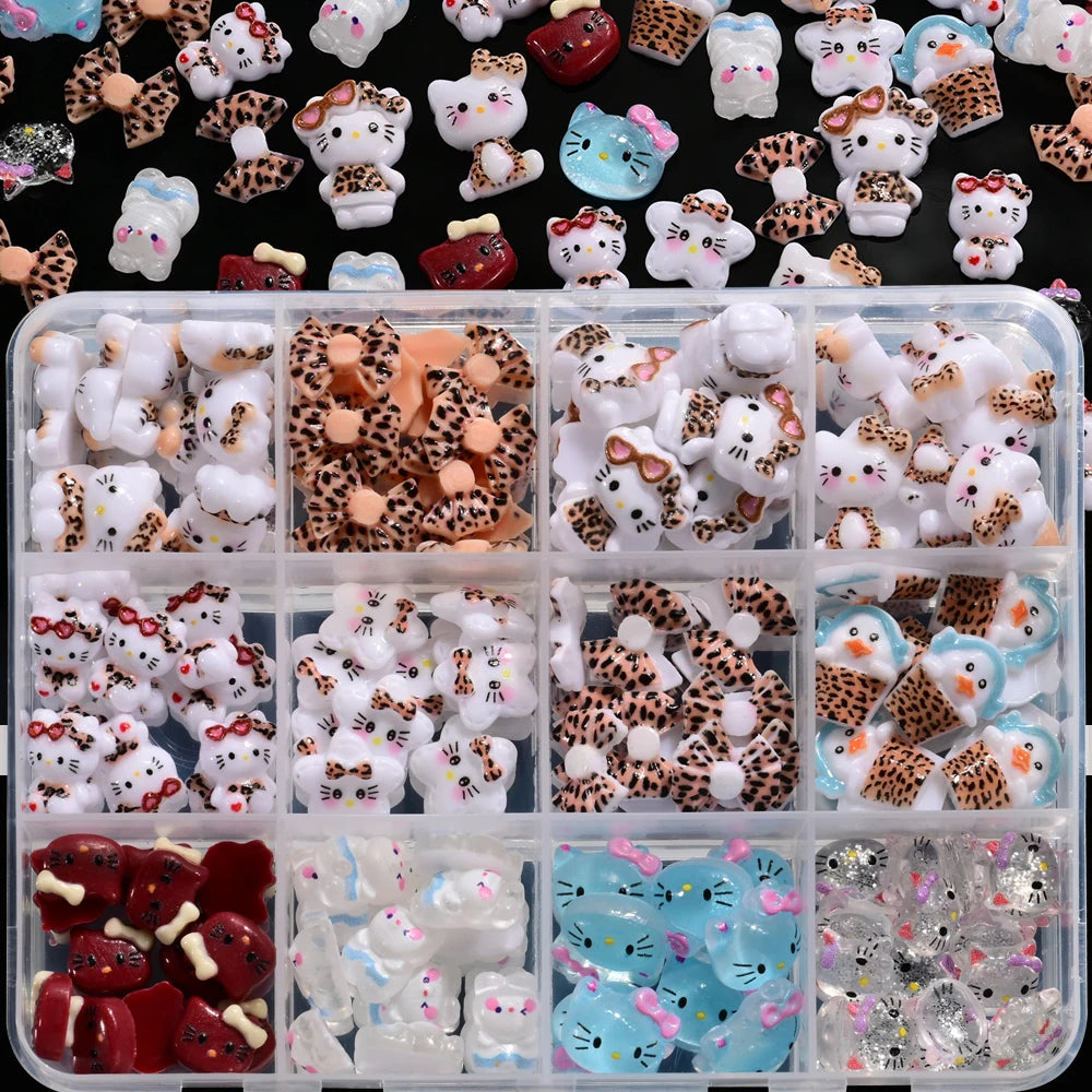 12Grid 3D Mixed Strawberry Hello Kitty Nail Charms Cartoon Red Pink Dress Kitty Cat Rhinestones Kawaii DIY Nail Art Decoration